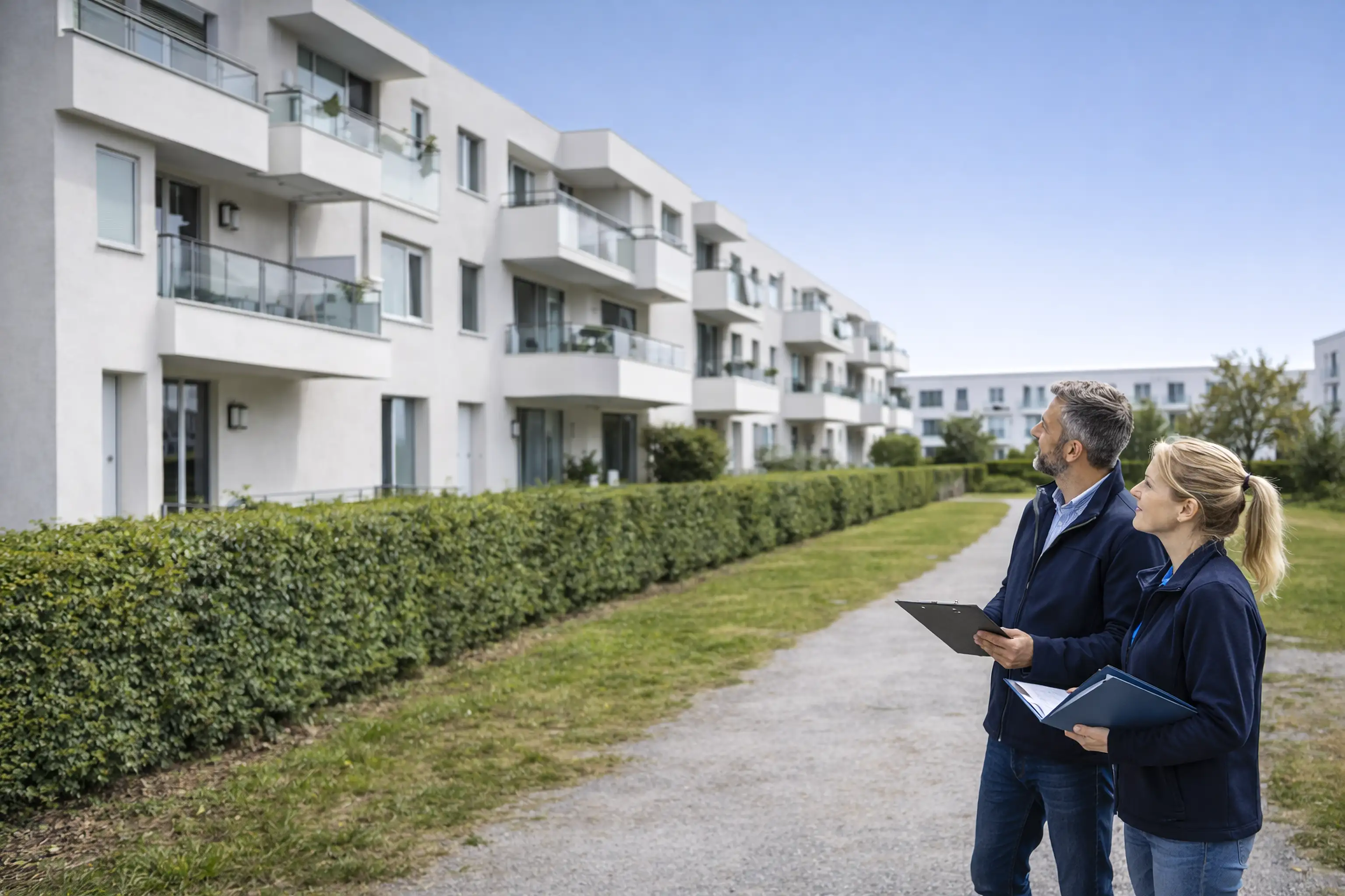 Två personer inspekterar fastighet med surfplattor